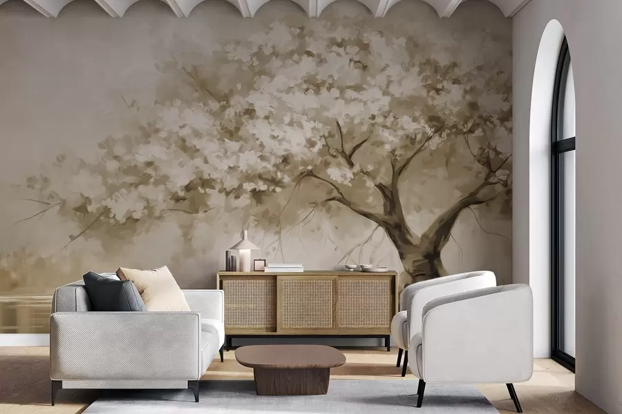 wall murals Abstract beige blossom tree in full bloom, next to a river, soft textured brushstrokes and pastel colors w09193v1