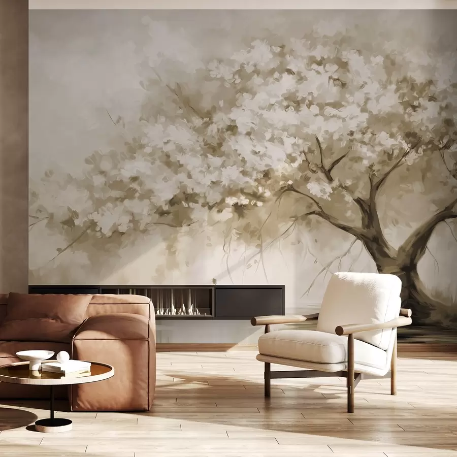 wall murals Abstract beige blossom tree in full bloom, next to a river, soft textured brushstrokes and pastel colors w09193v1