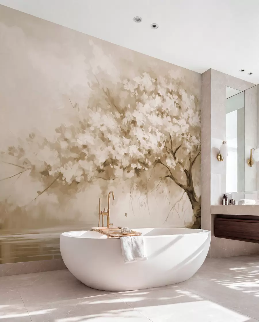 wall murals Abstract beige blossom tree in full bloom, next to a river, soft textured brushstrokes and pastel colors w09193v1