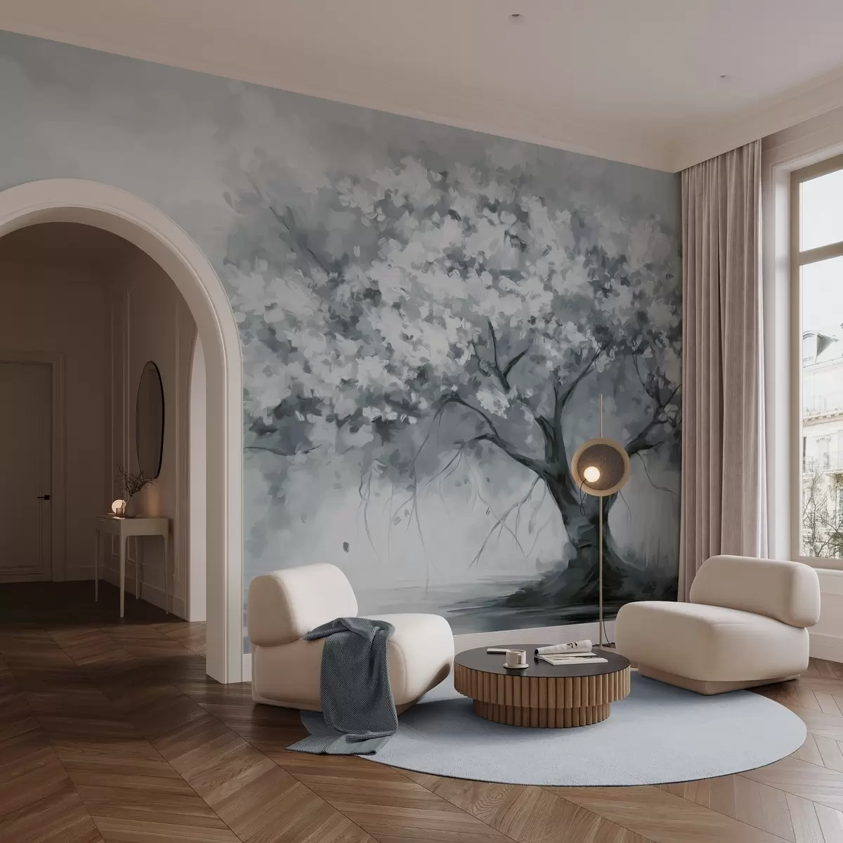 wall murals Abstract muted blue blossom tree in full bloom, next to a river, soft textured brushstrokes and pastel colors w09193v2