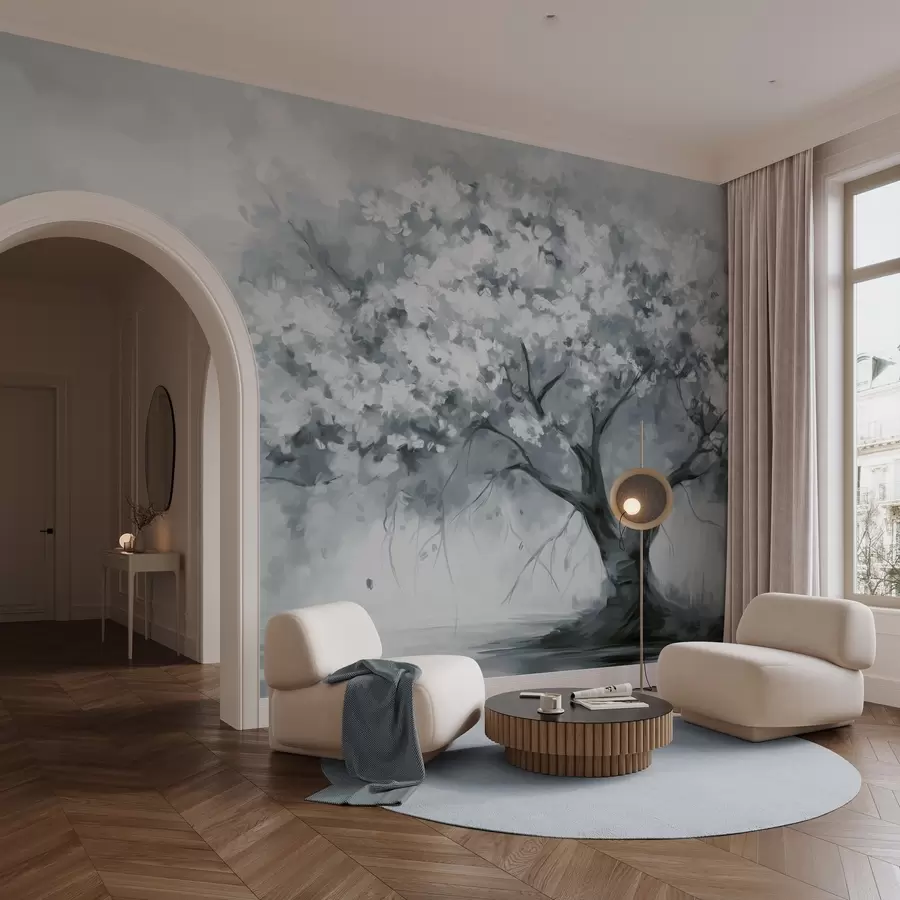wall murals Abstract muted blue blossom tree in full bloom, next to a river, soft textured brushstrokes and pastel colors w09193v2