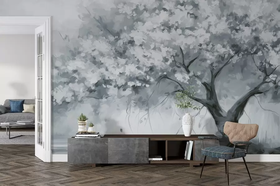wall murals Abstract muted blue blossom tree in full bloom, next to a river, soft textured brushstrokes and pastel colors w09193v2