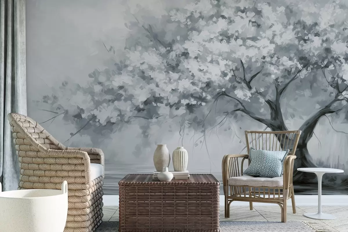 wall murals Abstract muted blue blossom tree in full bloom, next to a river, soft textured brushstrokes and pastel colors w09193v2