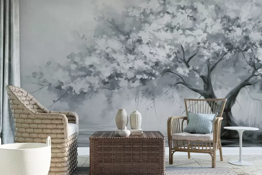 wall murals Abstract muted blue blossom tree in full bloom, next to a river, soft textured brushstrokes and pastel colors w09193v2