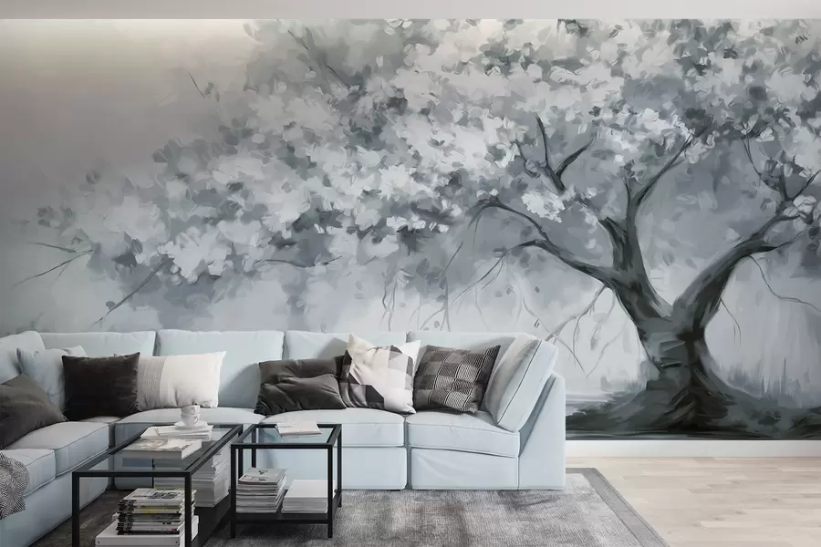 wall murals Abstract muted blue blossom tree in full bloom, next to a river, soft textured brushstrokes and pastel colors w09193v2