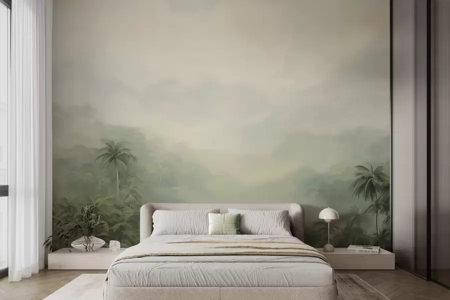 wall murals Gungle landscape with lush green palm trees and rolling hills , soft pastel colors, textured painting imitation w09194