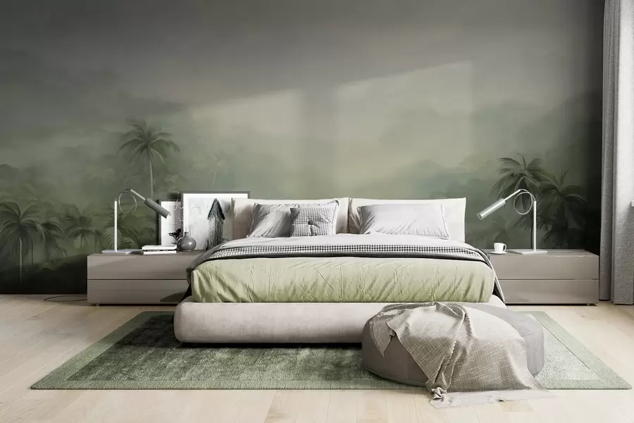 wall murals Gungle landscape with lush green palm trees and rolling hills , soft pastel colors, textured painting imitation w09194