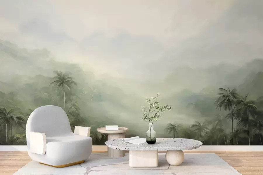 wall murals Gungle landscape with lush green palm trees and rolling hills , soft pastel colors, textured painting imitation w09194