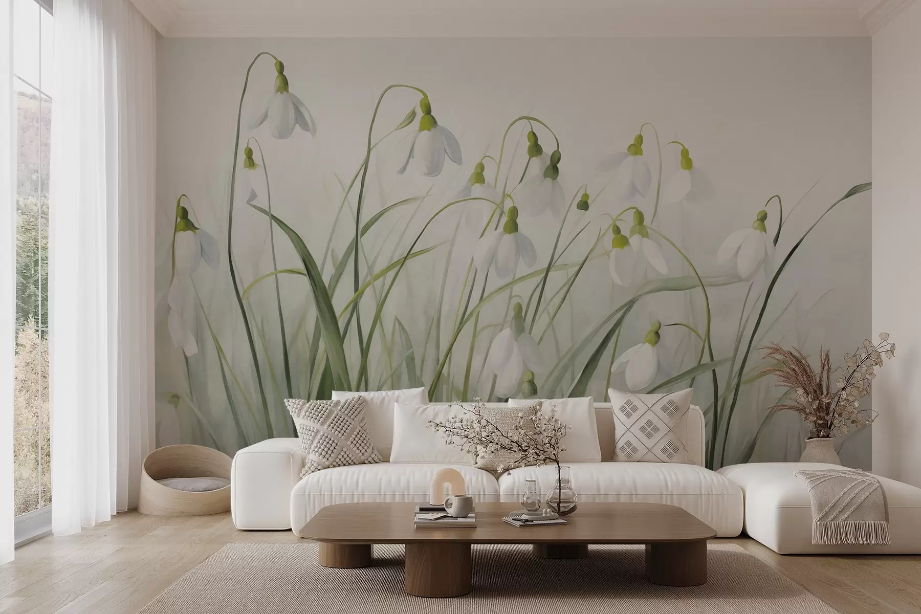 wall murals Snowdrop flowers with green textured stems and leaves, watercolor spring style, delicate brushstrokes w09195