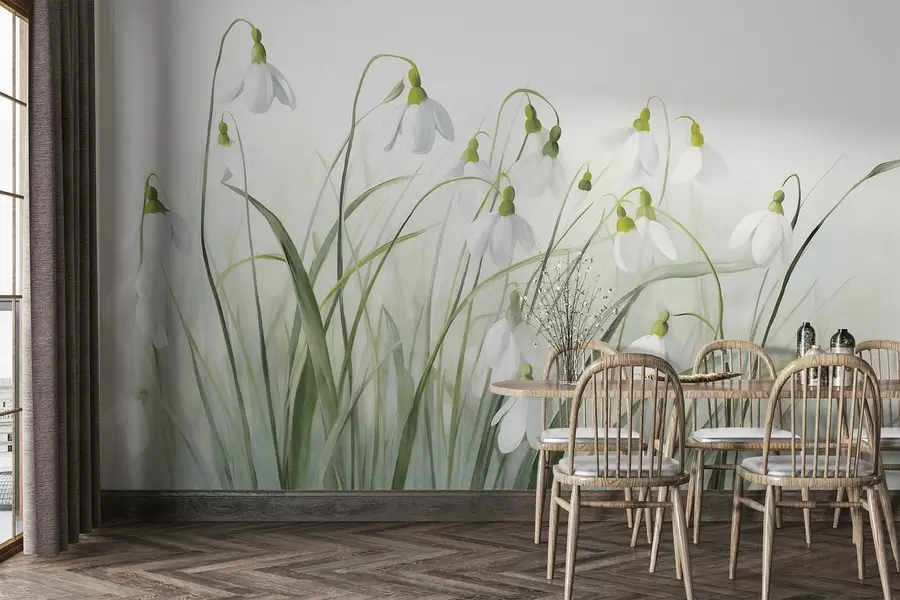 wall murals Snowdrop flowers with green textured stems and leaves, watercolor spring style, delicate brushstrokes w09195