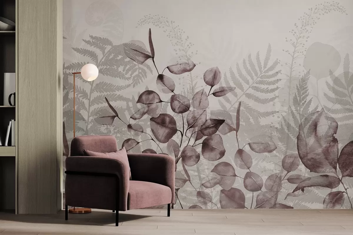 wall murals Eucalyptus and fern leaves in shades of bordo and gray, watercolor effect , botanical illustration w09197v1
