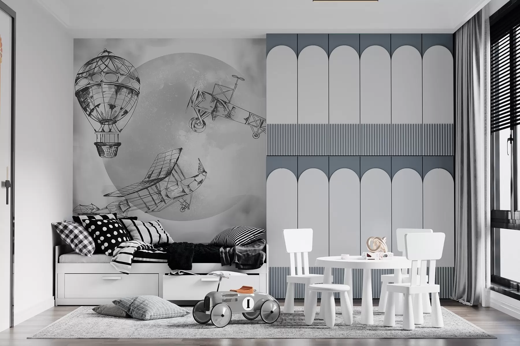 wall murals Retro airplanes against the background of the moon and clouds w04085