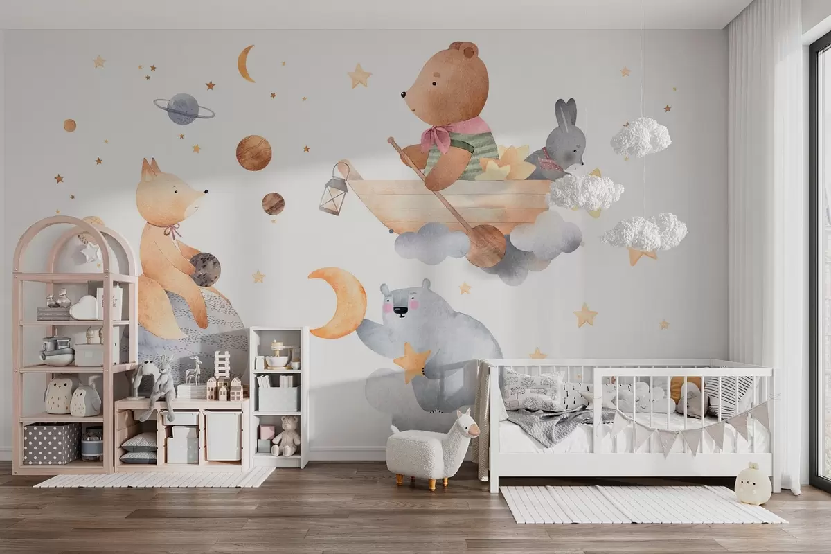 wall murals Fairytale animals among clouds and stars w04123