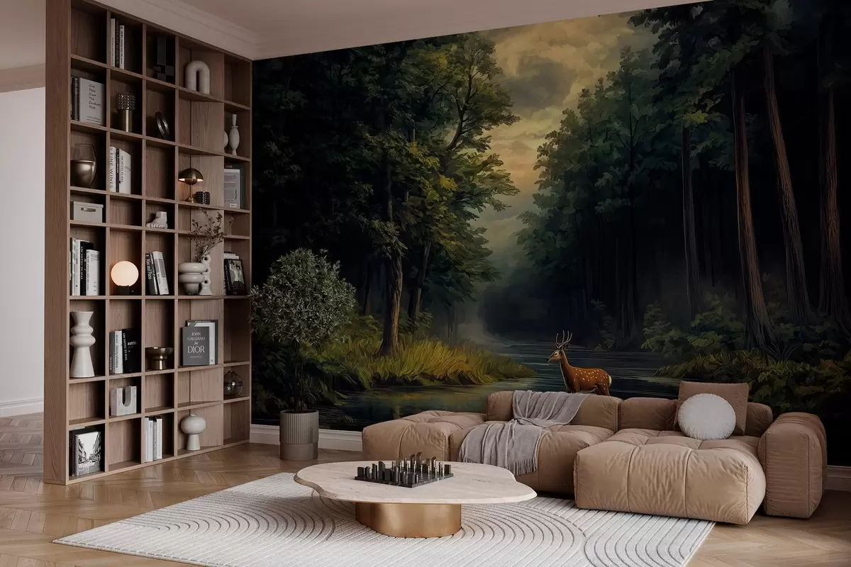 wall murals Forest with deer and river in the style of Dutch oil painting w04072