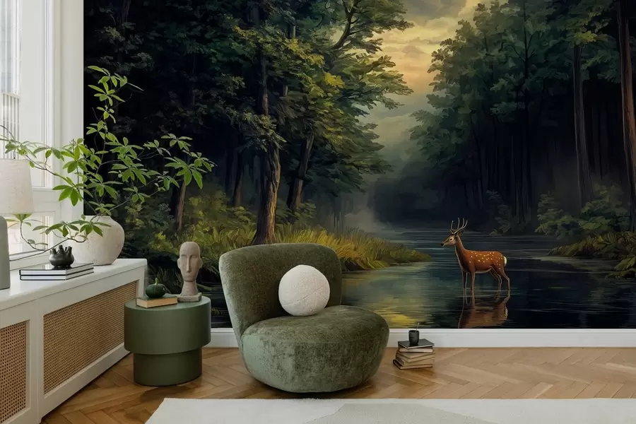wall murals Forest with deer and river in the style of Dutch oil painting w04072