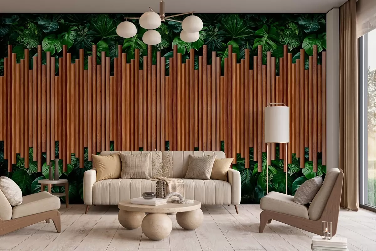 wall murals Imitation of wooden panels and green wall w04138