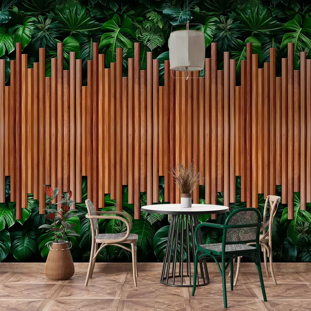 wall murals Imitation of wooden panels and green wall w04138