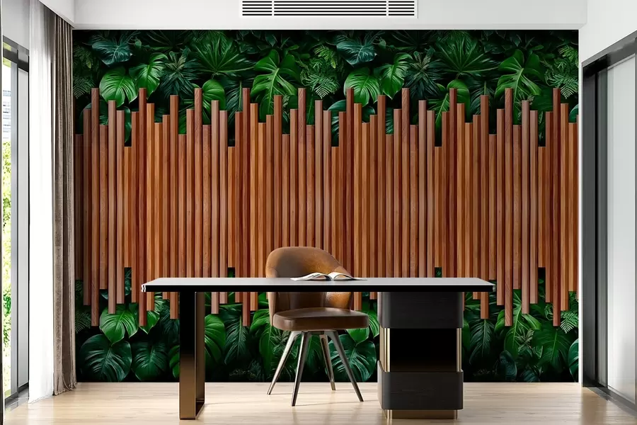 wall murals Imitation of wooden panels and green wall w04138