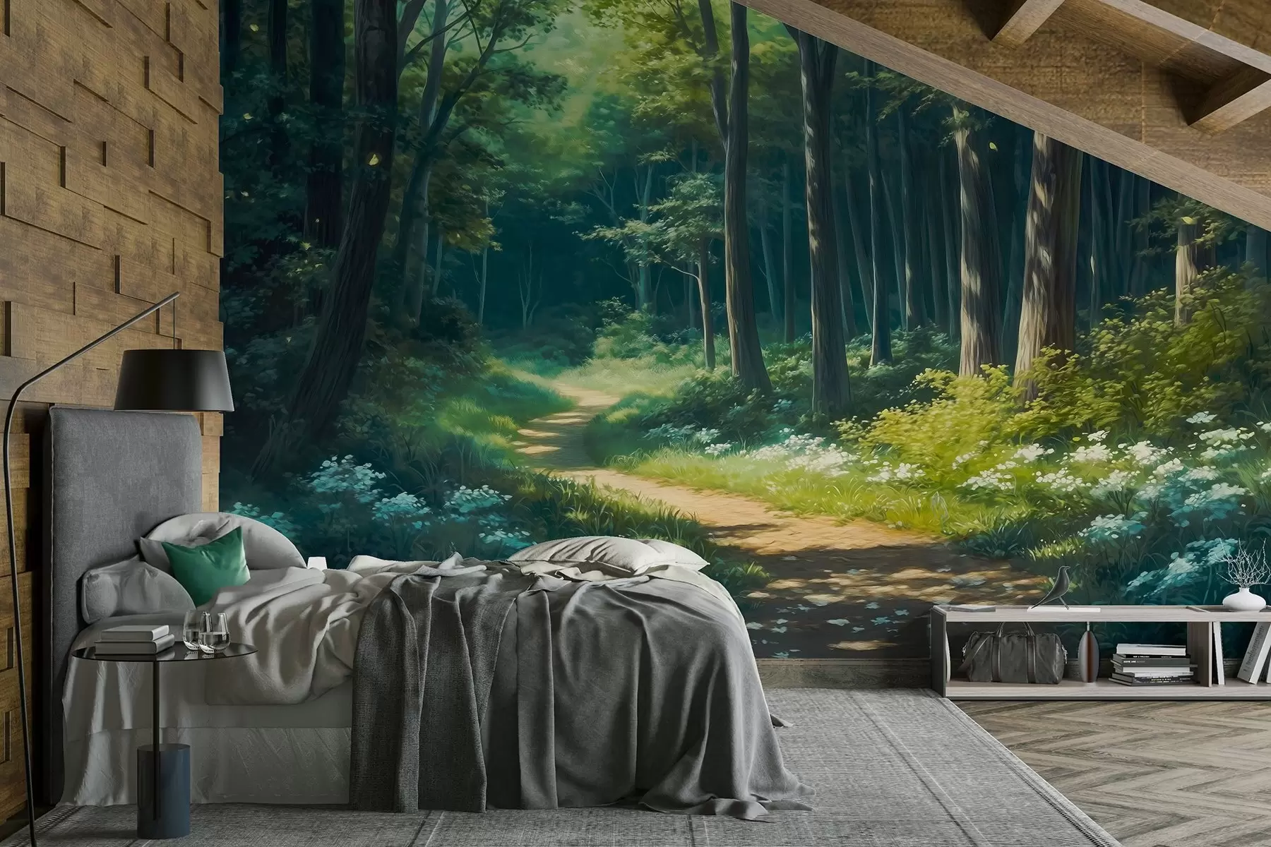 wall murals Green forest with gentle sunlight, trees and white flowers, oil style drawing w04118