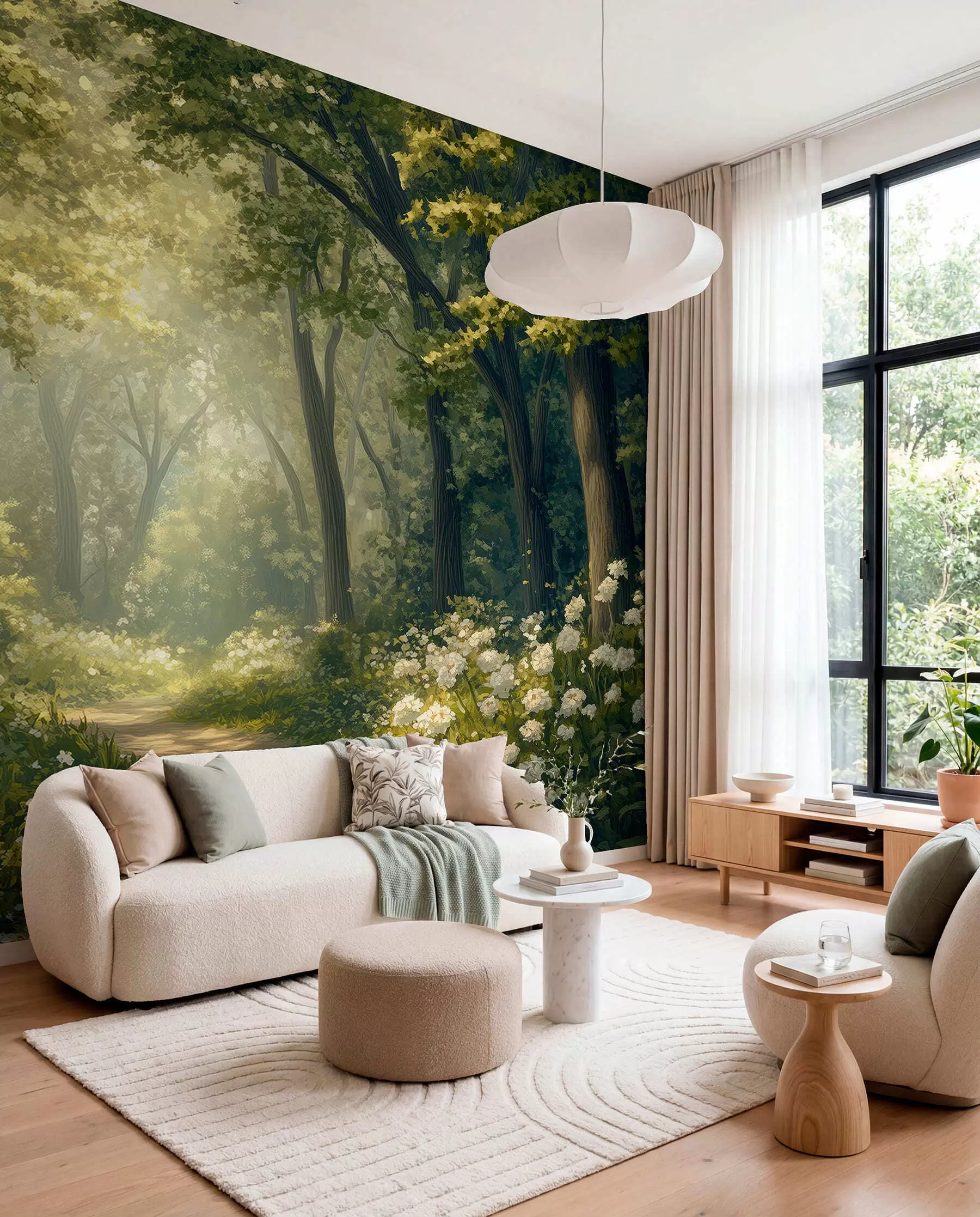 wall murals Path in the green forest, white flowers, sunlight, acrylic style drawing w04119