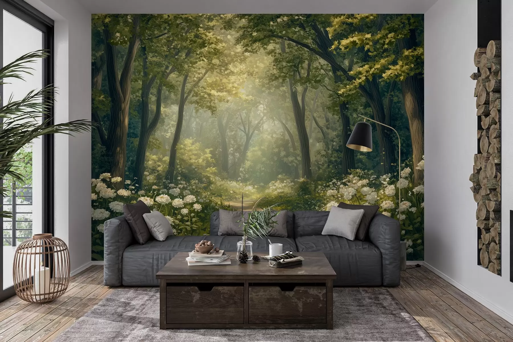wall murals Path in the green forest, white flowers, sunlight, acrylic style drawing w04119