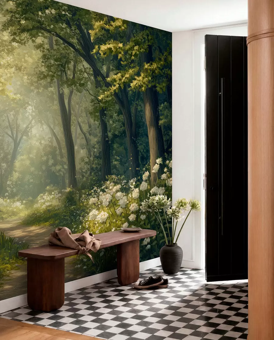 wall murals Path in the green forest, white flowers, sunlight, acrylic style drawing w04119