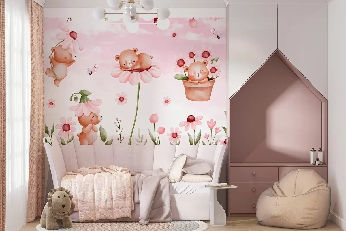 wall murals Bears with flowers, fairy-tale animals w04143
