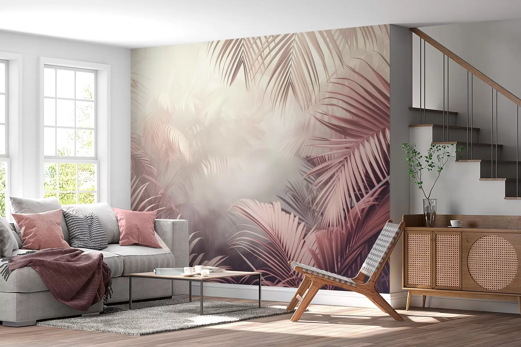 wall murals tropical jungle with a pink tint w04142