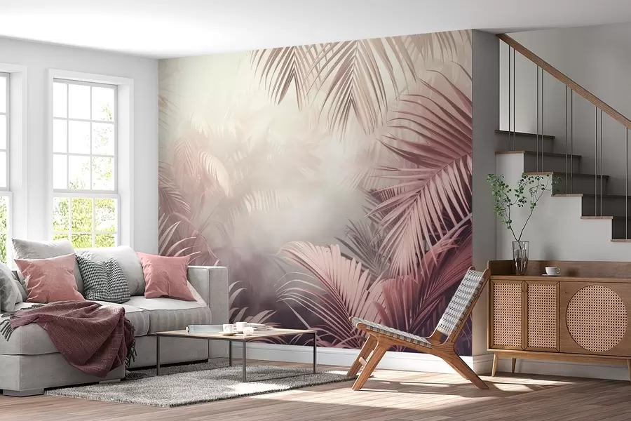 wall murals tropical jungle with a pink tint w04142