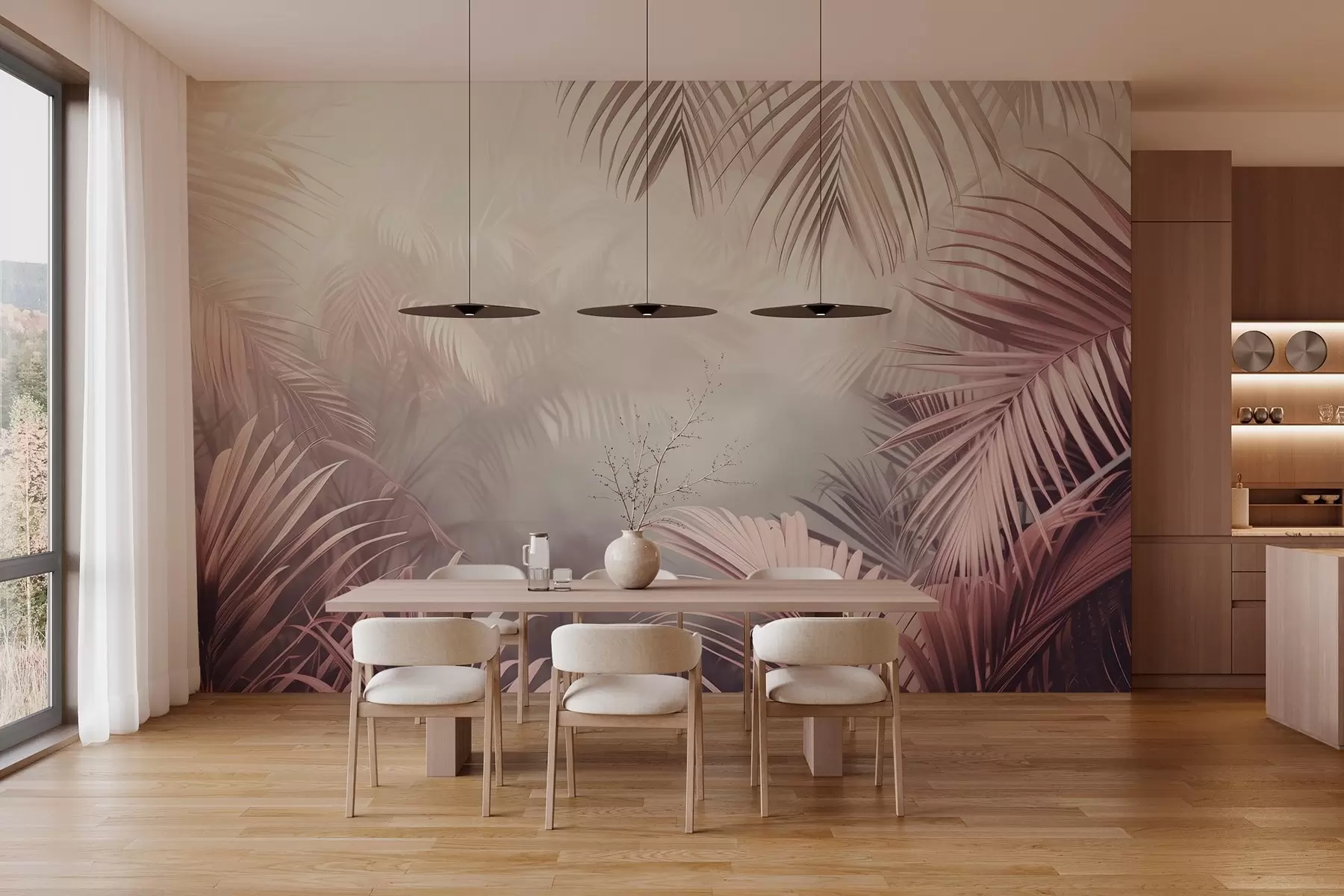 wall murals tropical jungle with a pink tint w04142