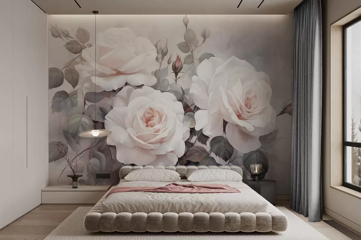 wall murals Textured white roses with leaves and stems, soft muted pastel colors, elegant vintage style , delicate brushstrokes w09198