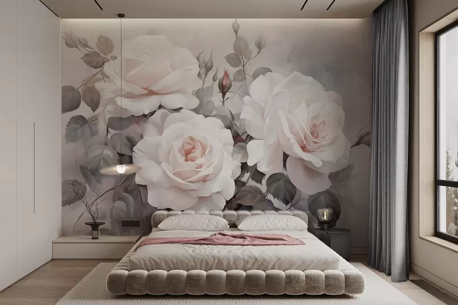 wall murals Textured white roses with leaves and stems, soft muted pastel colors, elegant vintage style , delicate brushstrokes w09198