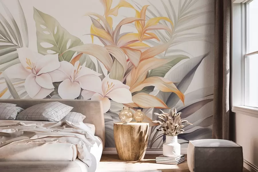 wall murals Botanical illustration of tropical flowers with palm and monstera leaves,soft colors, watercolor style w09201