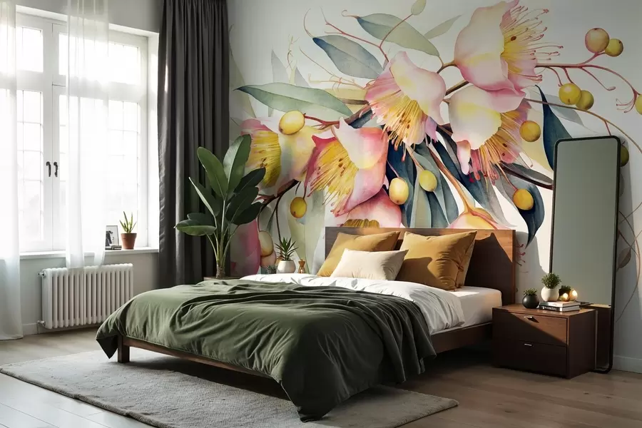 wall murals Eucalyptus flowers with green leaves, watercolor style, soft and textured, light background, botanical floral design w09202