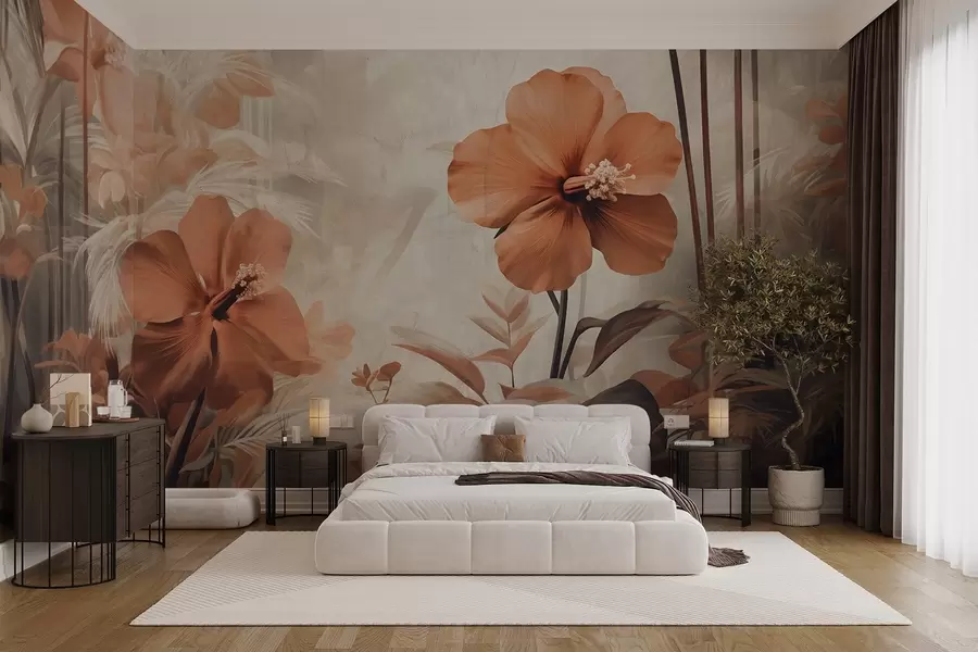 wall murals Pastel red hibiscus flowers with leaves and stems, tropical vegetation, soft, muted colors, vintage style w09203