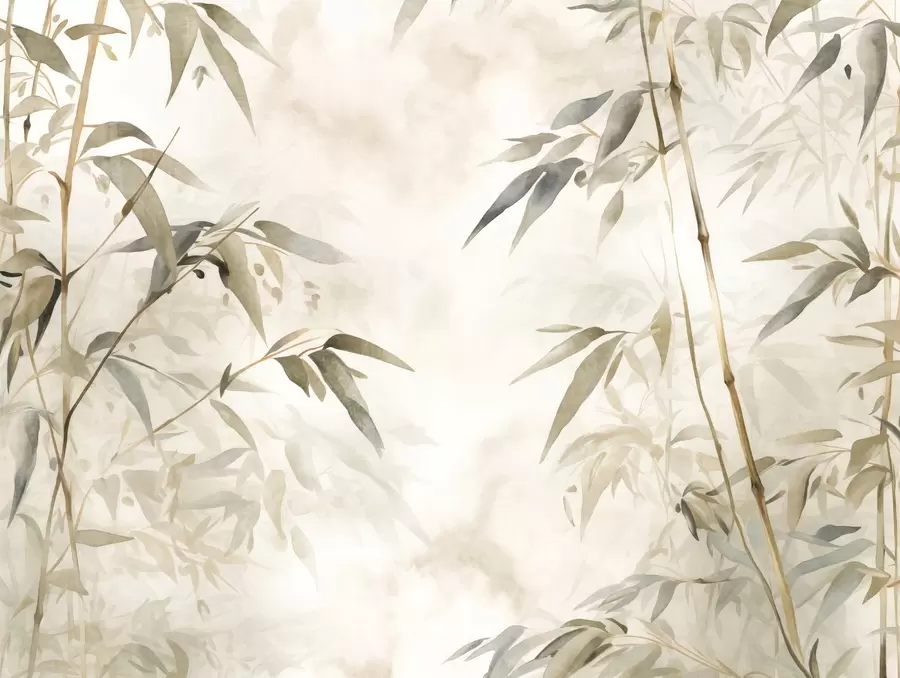 wall murals Bamboo textured branches with leaves in a watercolor style, soft neutral color palette, light beige background w09204
