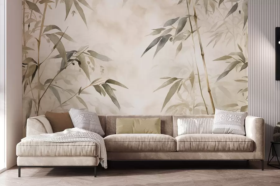 wall murals Bamboo textured branches with leaves in a watercolor style, soft neutral color palette, light beige background w09204