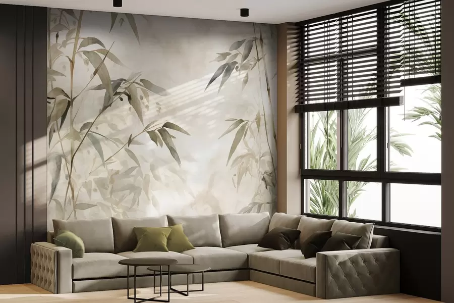 wall murals Bamboo textured branches with leaves in a watercolor style, soft neutral color palette, light beige background w09204