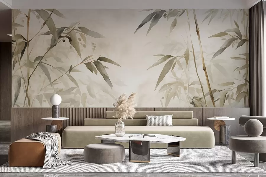 wall murals Bamboo textured branches with leaves in a watercolor style, soft neutral color palette, light beige background w09204