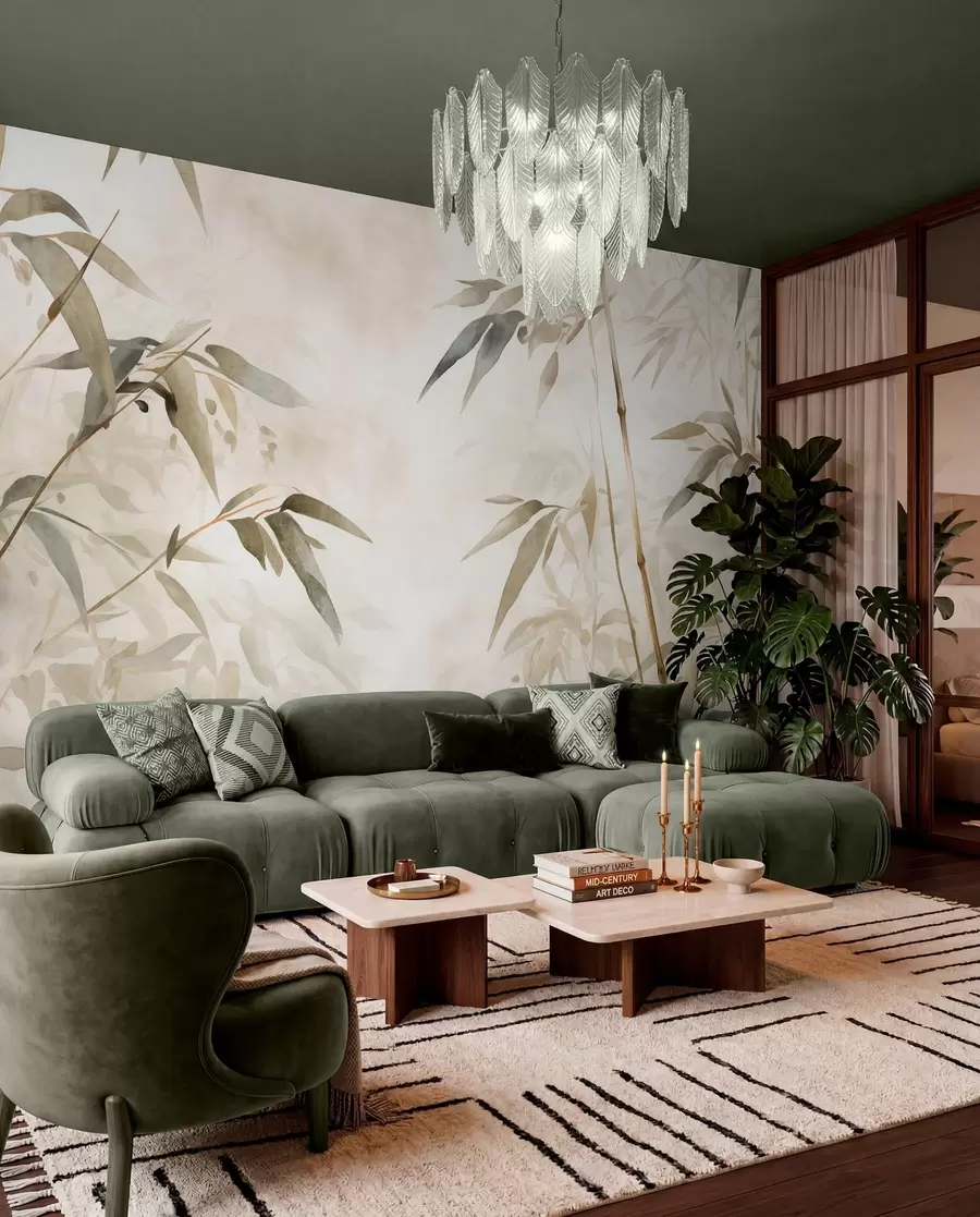 wall murals Bamboo textured branches with leaves in a watercolor style, soft neutral color palette, light beige background w09204