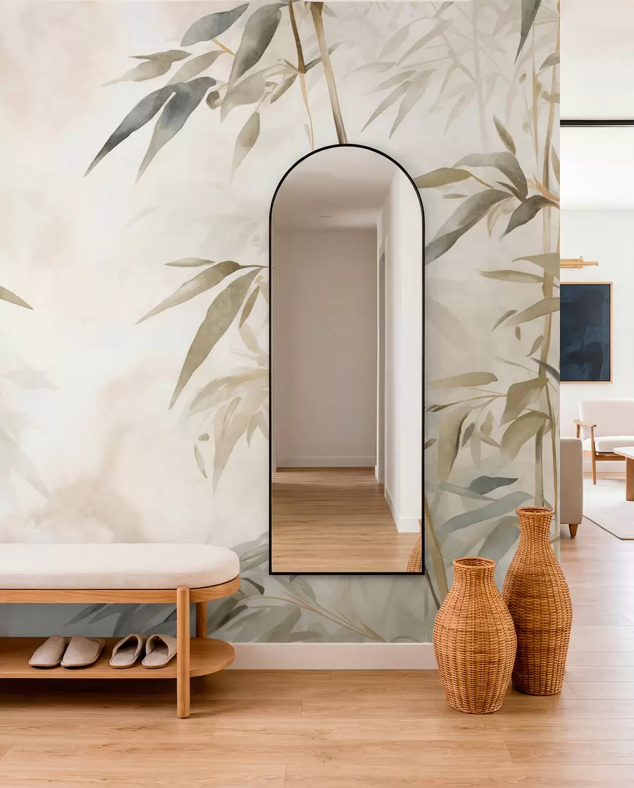 wall murals Bamboo textured branches with leaves in a watercolor style, soft neutral color palette, light beige background w09204
