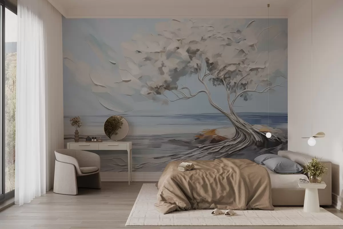wall murals A white tree with thick and textured leaves on a sandy beach, landscape with a light blue sky w09205