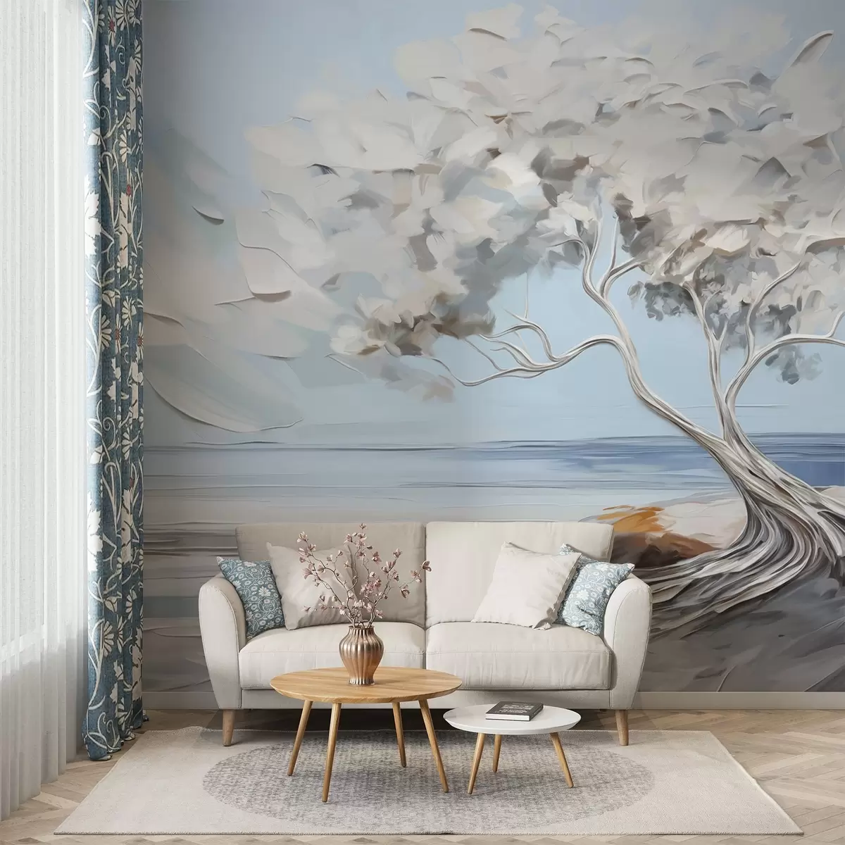 wall murals A white tree with thick and textured leaves on a sandy beach, landscape with a light blue sky w09205