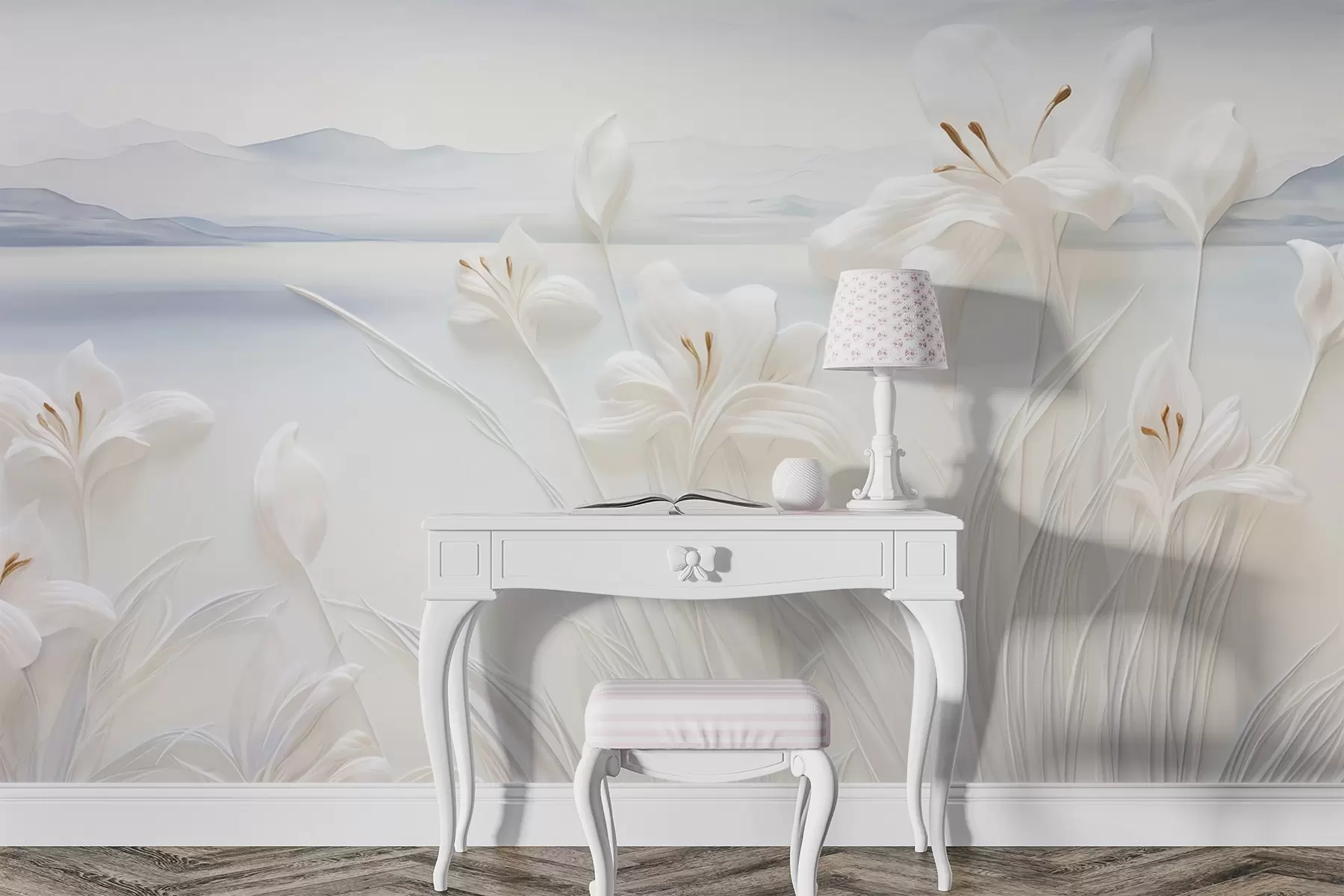 wall murals White lilies with long stems and leaves, mountains and lake in the background, minimalist landscape composition w09206