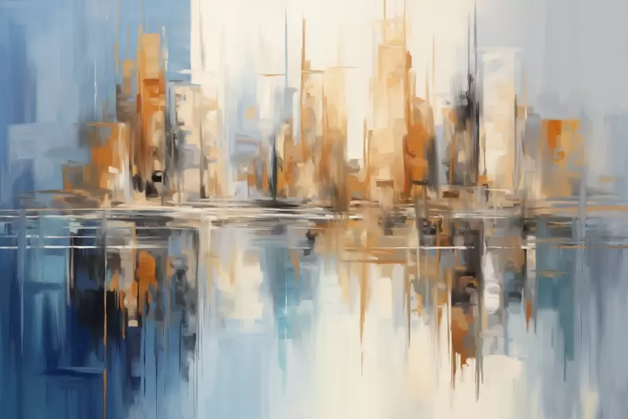 wall murals Abstract textured cityscape with tall buildings in shades of orange, blue and white, reflected in water w09207