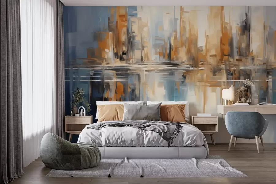 wall murals Abstract textured cityscape with tall buildings in shades of orange, blue and white, reflected in water w09207