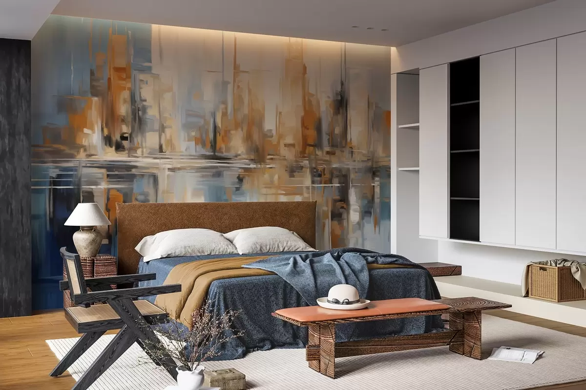 wall murals Abstract textured cityscape with tall buildings in shades of orange, blue and white, reflected in water w09207