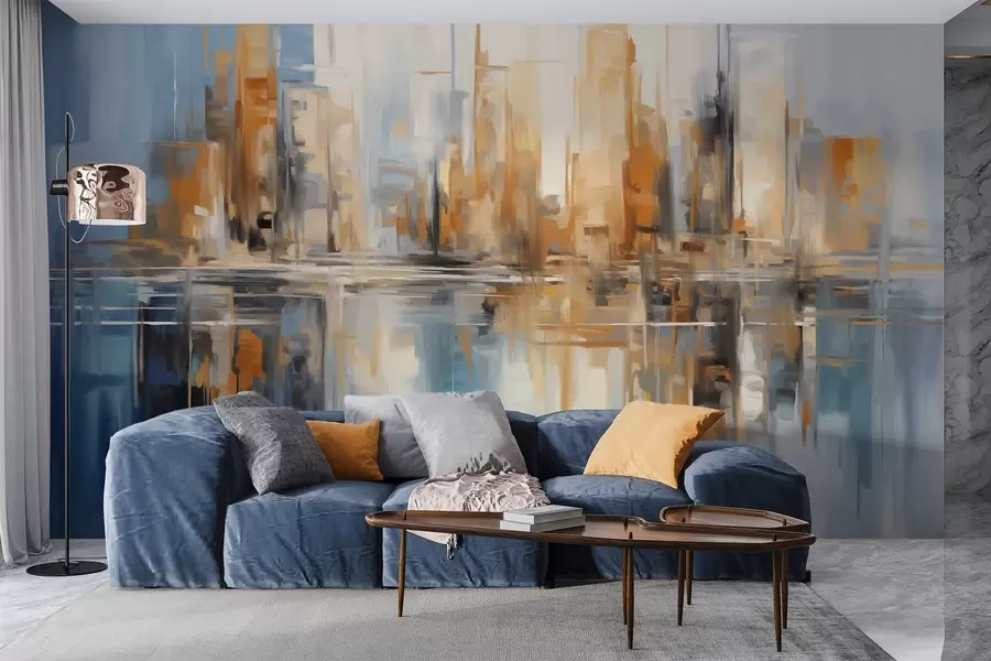 wall murals Abstract textured cityscape with tall buildings in shades of orange, blue and white, reflected in water w09207