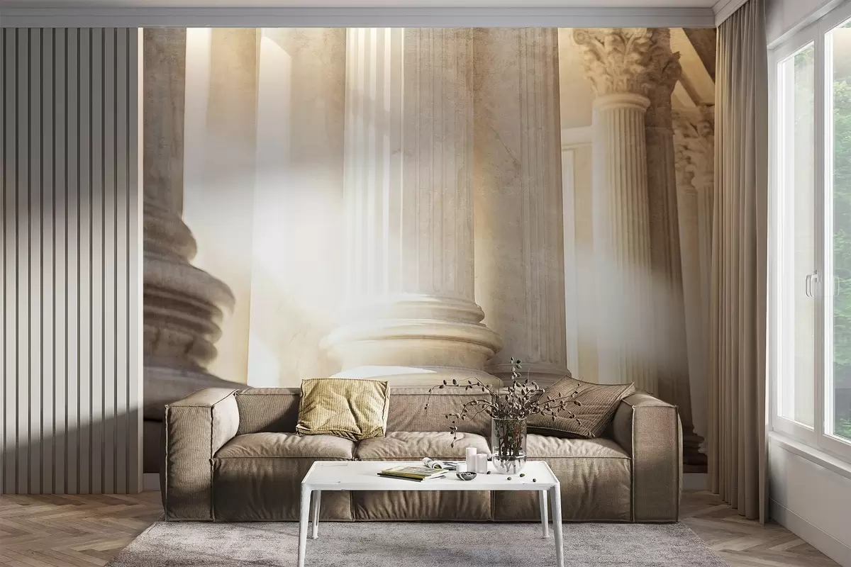 wall murals Columns, classic architecture, elegant design, textured symmetrical composition, neutral color palette w09209