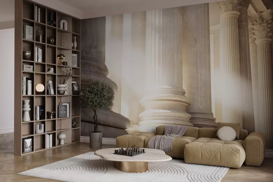 wall murals Columns, classic architecture, elegant design, textured symmetrical composition, neutral color palette w09209